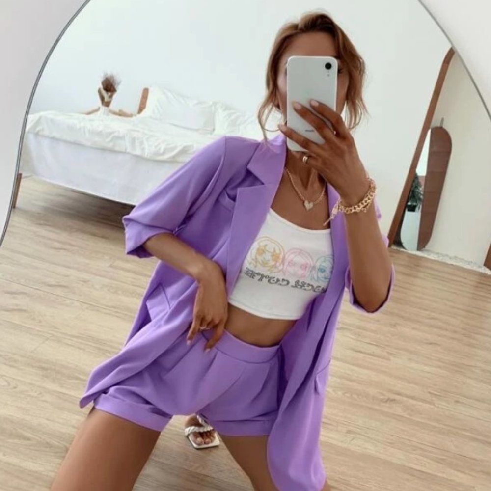 Shein Purple Solid Blazer & Rolled Hem Shorts